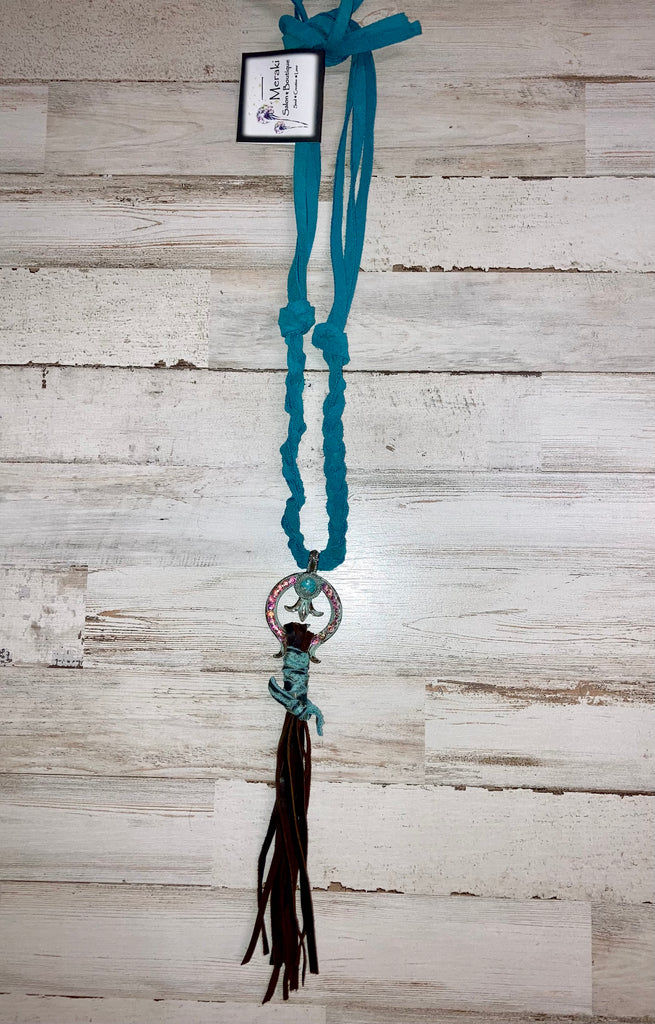 Rare Bird Leather Turquoise Necklace w/Bling Accent